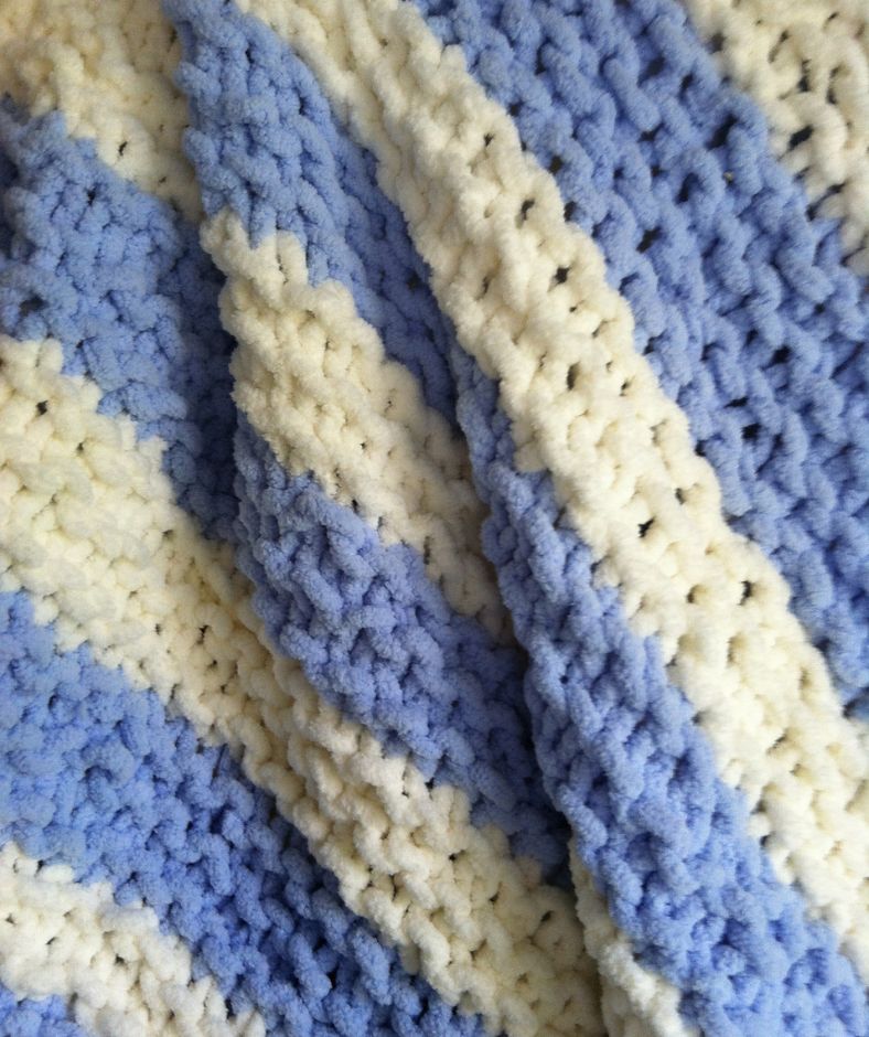 Baby Blanket Knit Patterns  - texture close up of a blue and white In a Wink baby blanket 