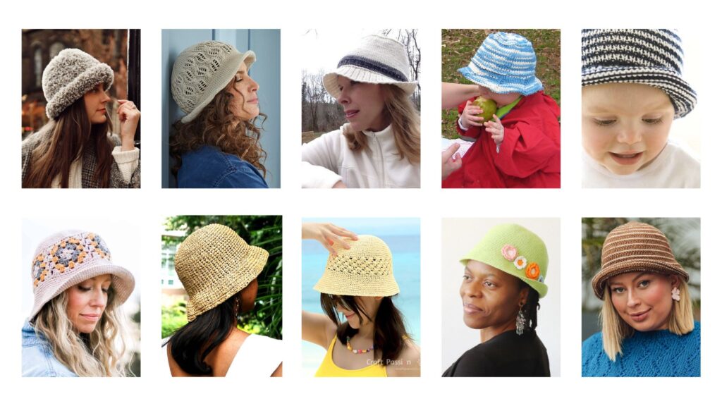 A grid showing 10 different knit and crochet bucket hat pattern designs