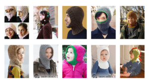 This is a gallery showing people wearing knitted balaclavas. This image shows what free balaclava knitting pattern is included in the round up.
