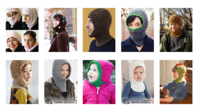 This is a gallery showing people wearing knitted balaclavas. This image shows what free balaclava knitting pattern is included in the round up.