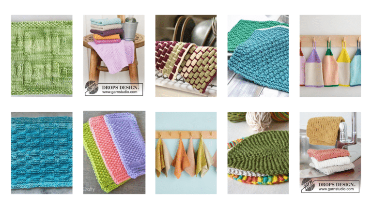 A gallery of some of the free knitted dishcloth patterns inside the round up.