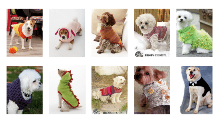 A grid image of all the dog sweater knitting patterns in this article.