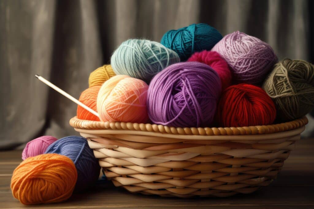 An image of yarn balls inside a woven basket. This serves as a decorative purpose in the blog.