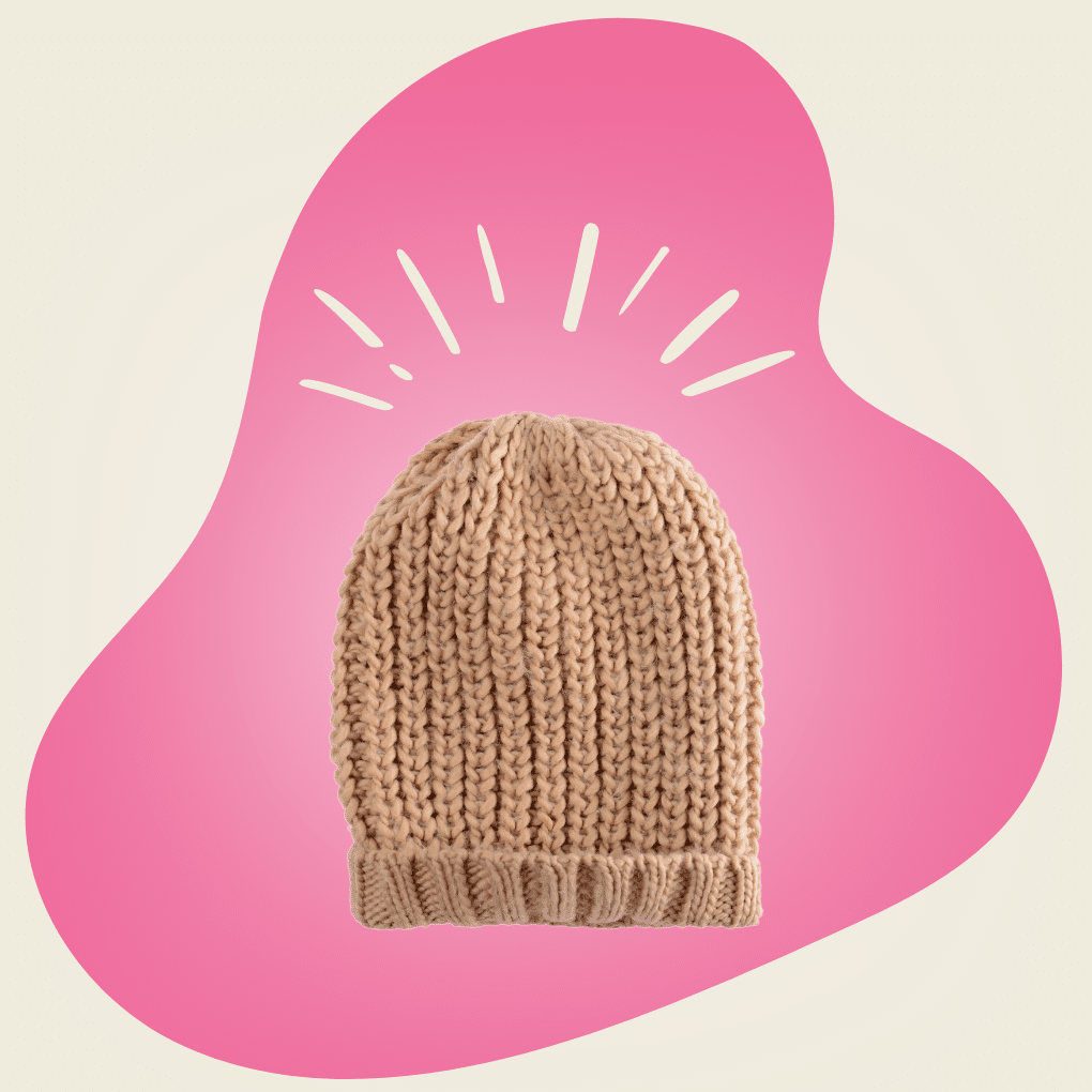Image of a beanie showing what the knitting loom cast off looks like.