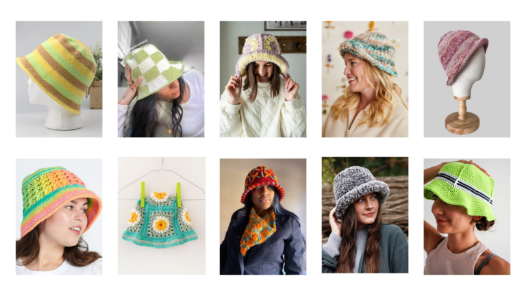 Images of the free crochet bucket hat patterns included in the round up.