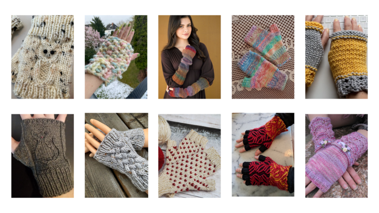 Images of fingerless gloves knitting patterns found in this round up.