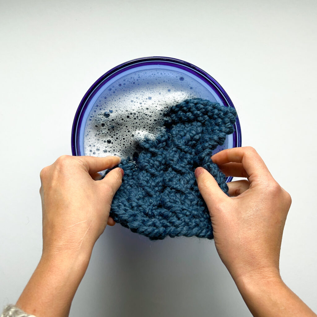 How to block knitting - step four: submerge your project in the water