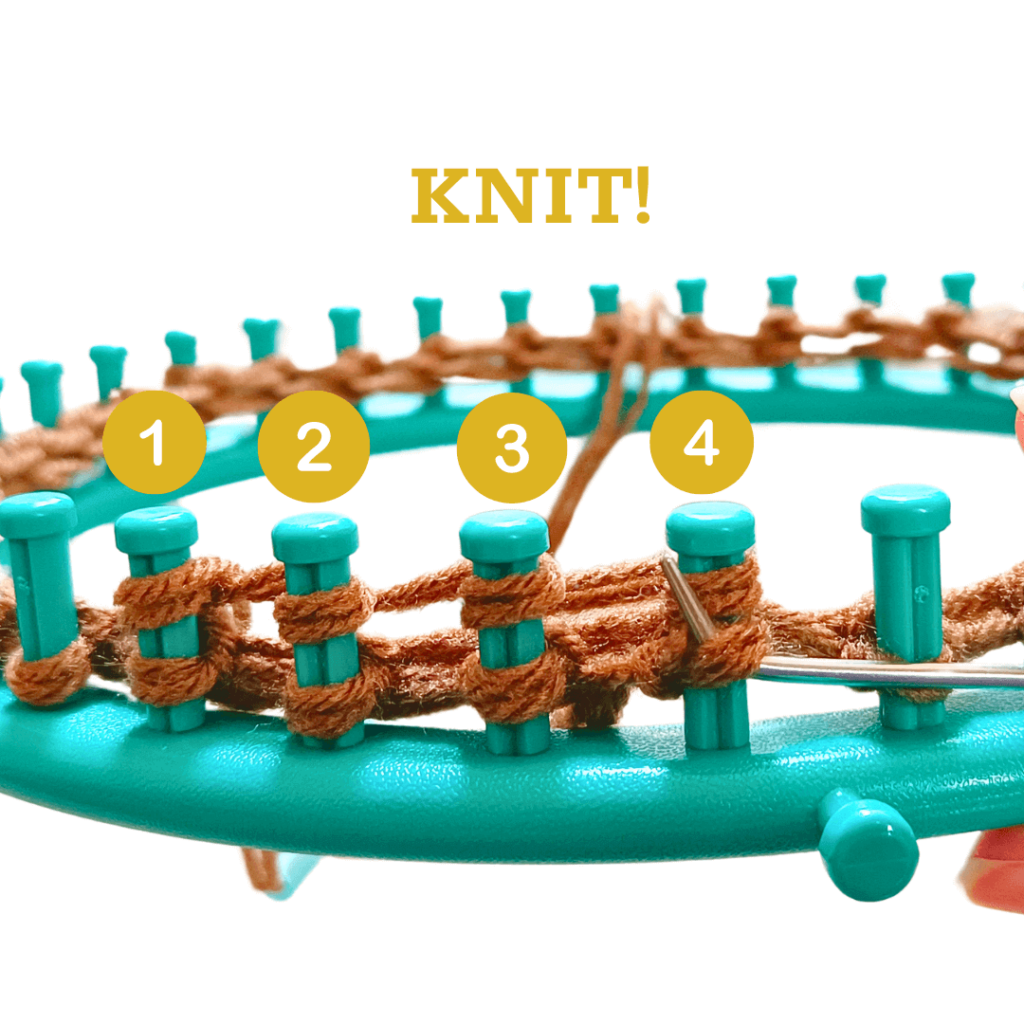 Row 3: *Knit 4 pegs, Purl 2 pegs*

Pro tip: Add your stitch markers or elastic bands on the purl pegs.