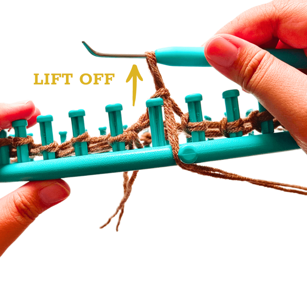 How to Purl Stitch on the loom:

Row 2: Purl around.

Lift the loop off the peg using your loom hook.