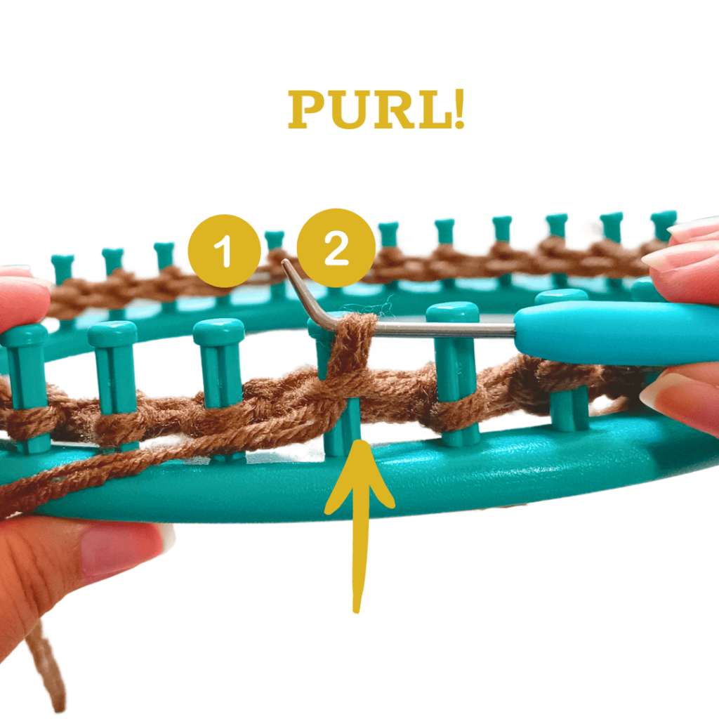 Row 3: *Knit 4 pegs, Purl 2 pegs*

Pro tip: Add your stitch markers or elastic bands on the purl pegs to help you keep track of the stitches.