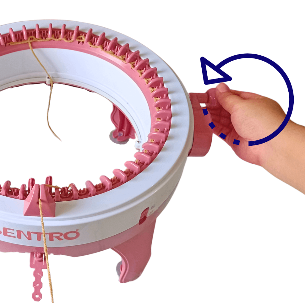 Knitting in the panel mode is simple. All you have to do is.

Crank the handle away from you until the machine stops you.