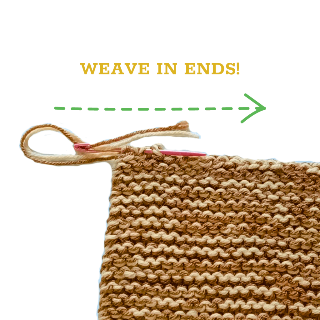 Thread your darning needle and sew the tail into the knit fabric.