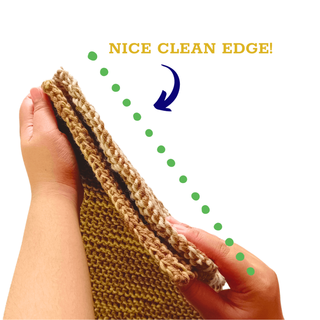 By the end, your knitted scarf should have a nice clean edge!