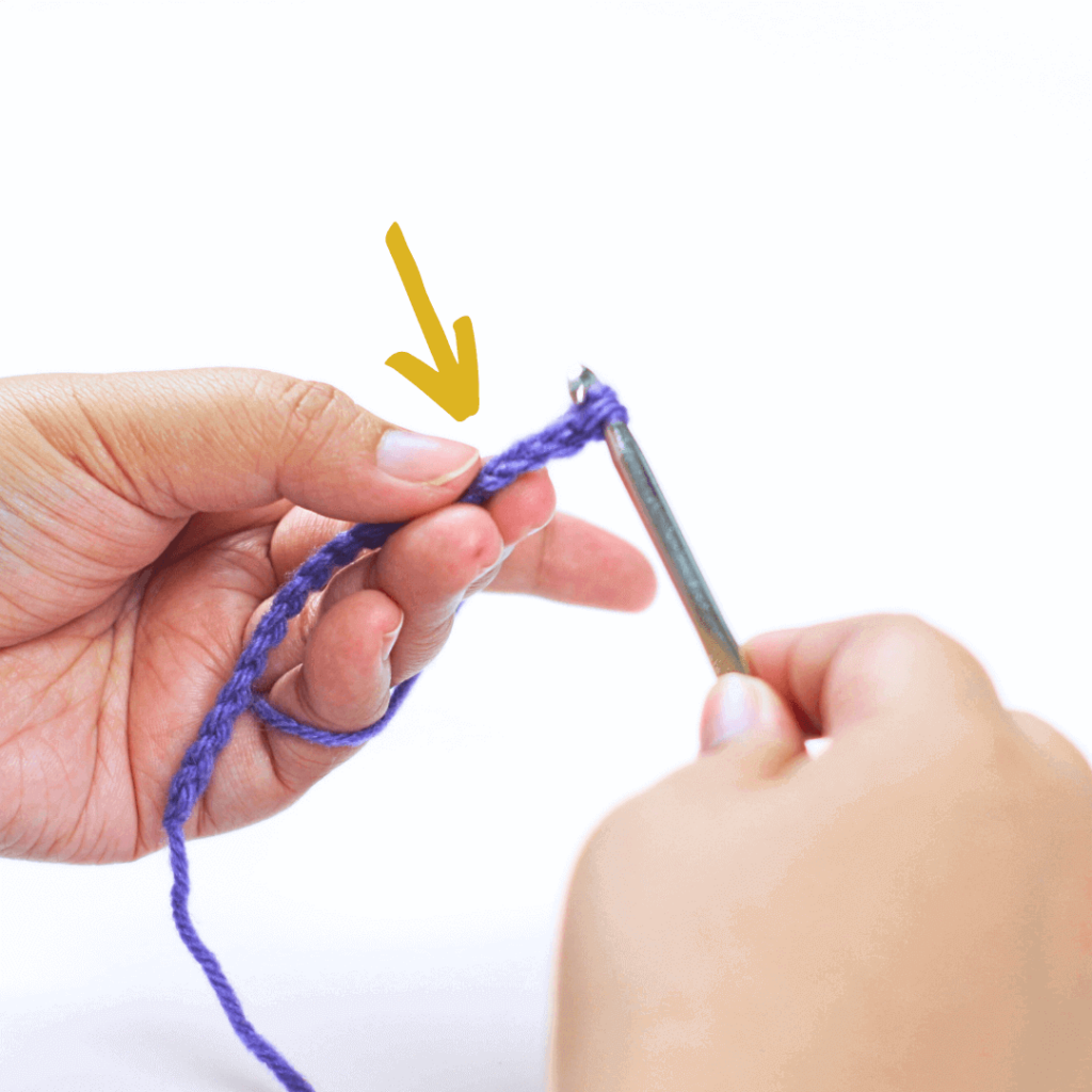 Step 2: Go through the chain

After yarning over, go into the chain and grab a loop.

You should have 3 loops on your hook like the image below.