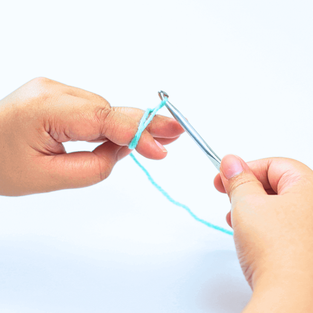 Rotate your hook away from you. This will make a small twist, forming a loop.