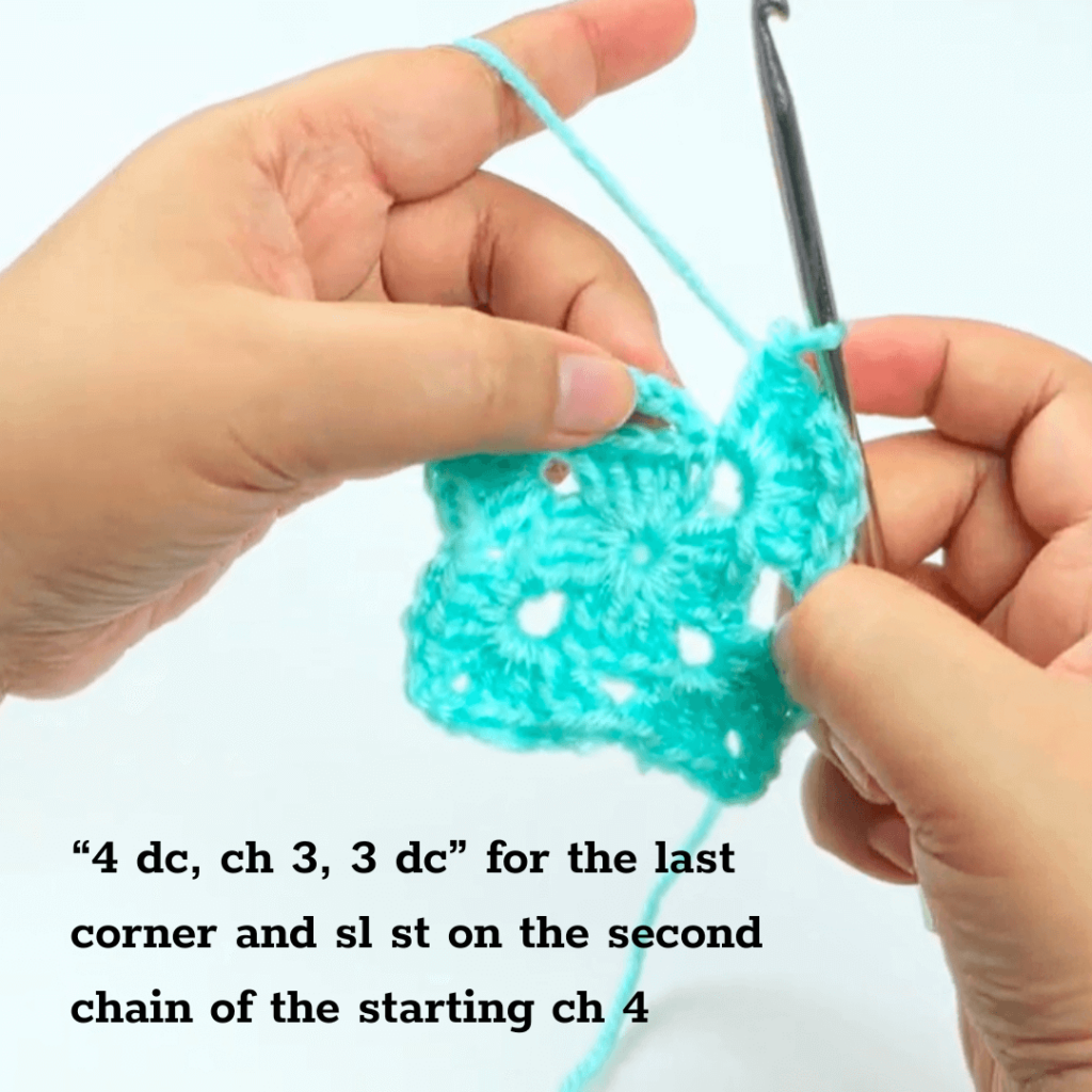 From now on, every time we make a chain 4 start to the row, you will make 3 dc and a slip stitch into the second chain.