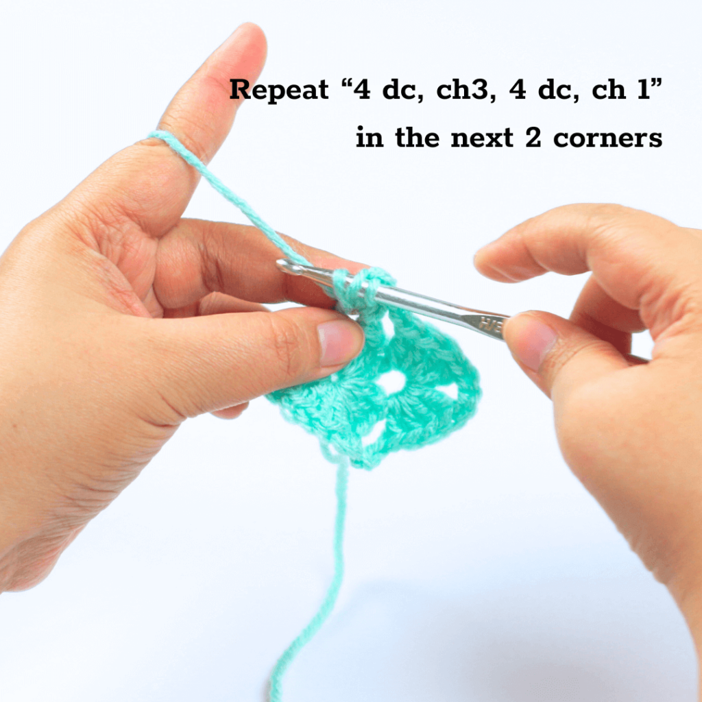 Repeat "4 dc, ch 3, 4 dc, ch 1" in the next two corner. 

In the fourth corner (right photo), make 4 dc. ch 3, 3 dc. Then make a slip stitch into the second chain of the starting row.