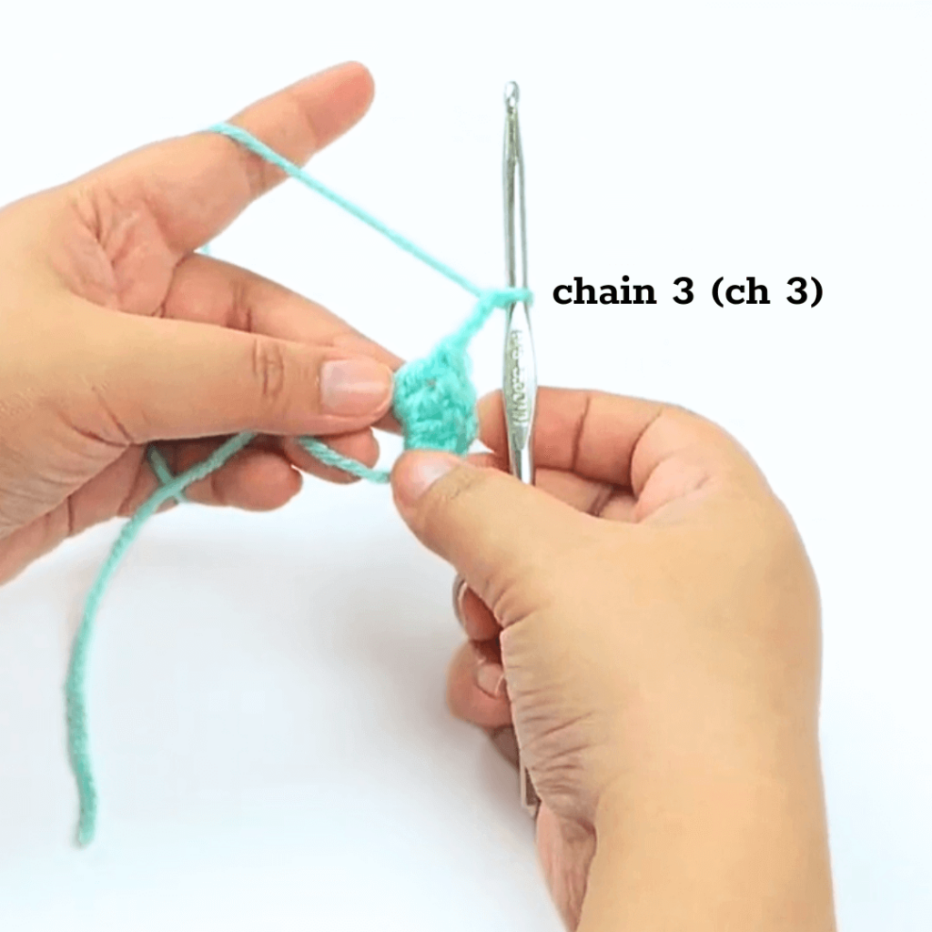 Step 2: 

Make a chain 3 (ch) and go back into the magic circle and make 4 dc.