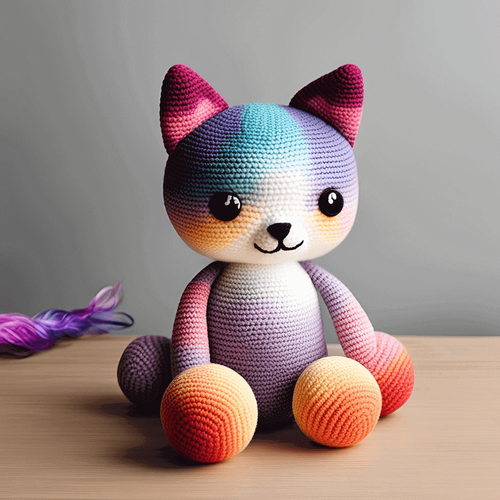 AI generated image of a colorful amigurumi cat