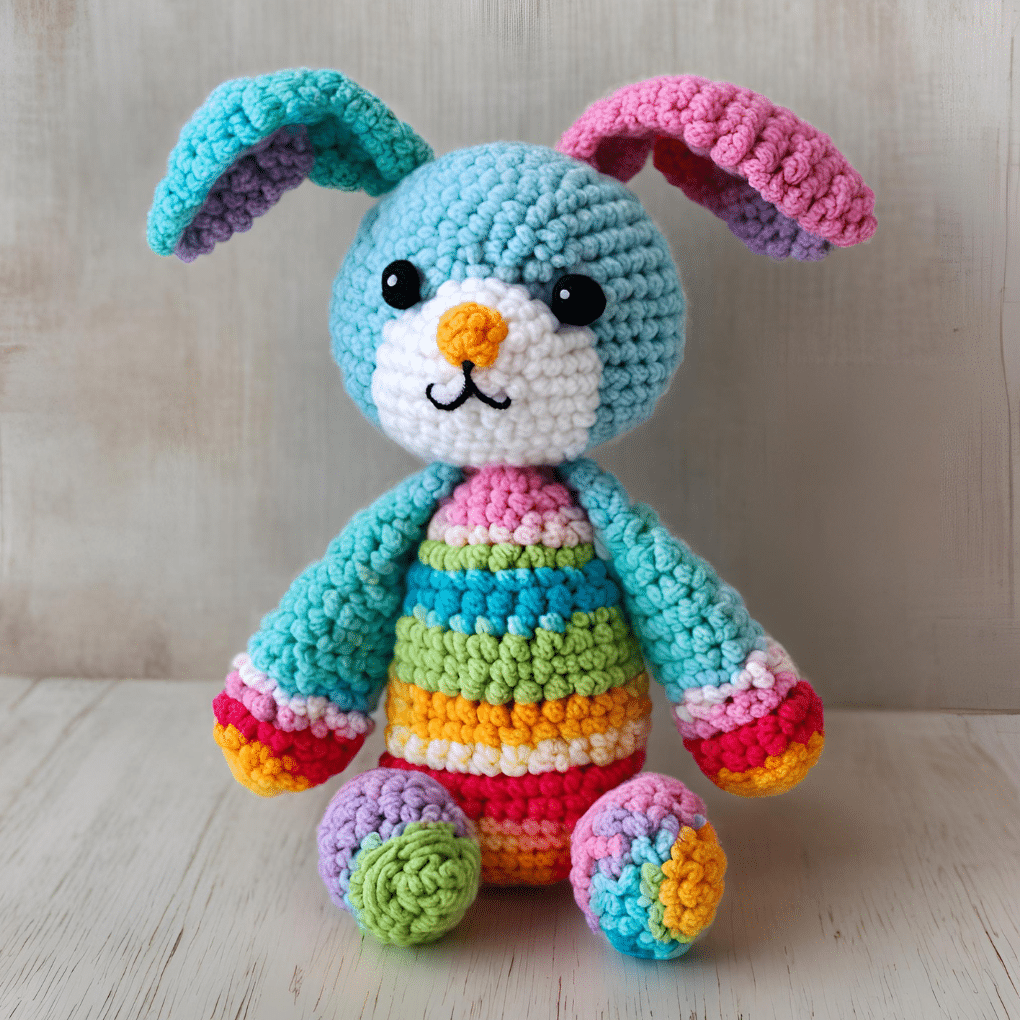 AI crochet patterns - this is an image of a colorful A.I. generated amigurumi rabbit.