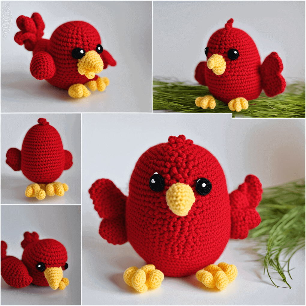 An A.I. generated amigurumi bird in different poses