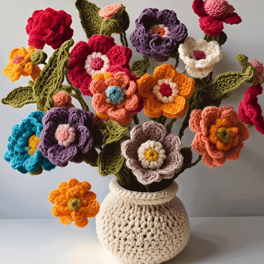 AI generated crocheted flowers in a crocheted vase