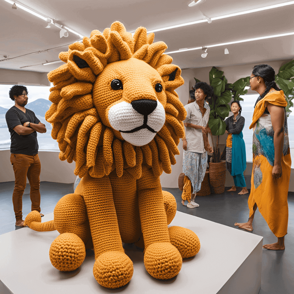 Giant amigurumi lion that is AI generated.