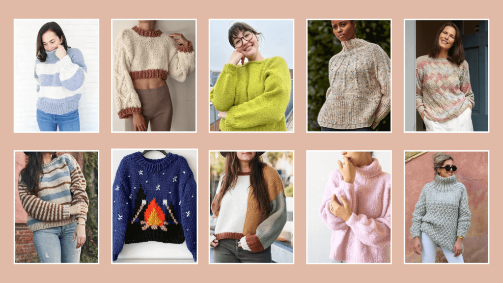 10 images of oversized sweater knitting patterns included in this list.