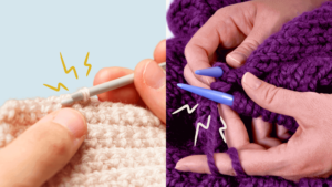 left side: squeaky crochet hook, right side: squeaky knitting needles