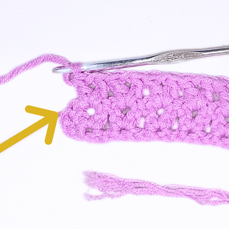 At the very end of the row, make a DC at the TOP of the previous row's chain 3.

Reminder: We started on the 4th chain from the hook. This means that there is an extra 3 chains at the start. You will make one DC at the top of the 3rd chain.