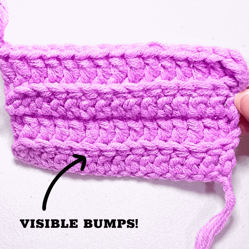 Notice that the front loops that you did not work on are super bumpy and stand out on your swatch.