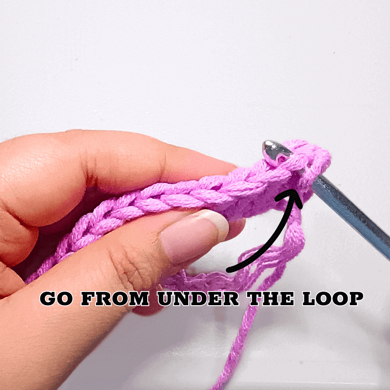 To work in the front loops, you will go through the outside of the “v” and pass your hook through the loop facing you. This is where you will work your stitches.
