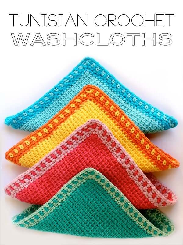 colorful washcloths made using the tunisian crochet technique folded into small triangles