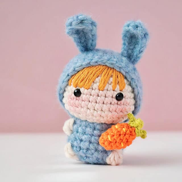 A cute crochet plushie wearing a crochet bunny costume with a tiny orange carrot on their left hand.