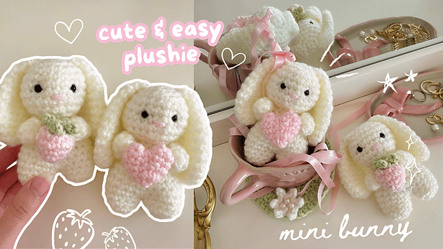Cute white crochet bunny pattern holding a pink heart.
